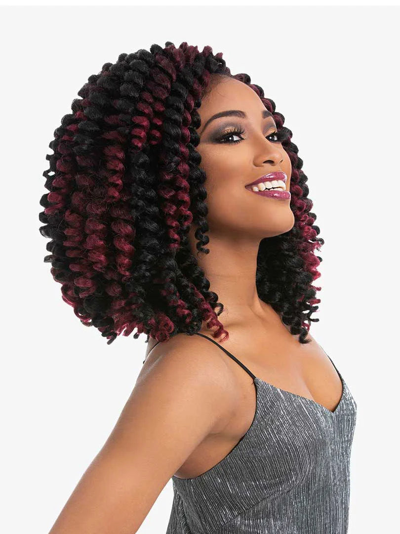 Smiling woman wearing X-pression Bounce Twist 8" crochet hair. Voluminous, chin-length black & burgundy twists.