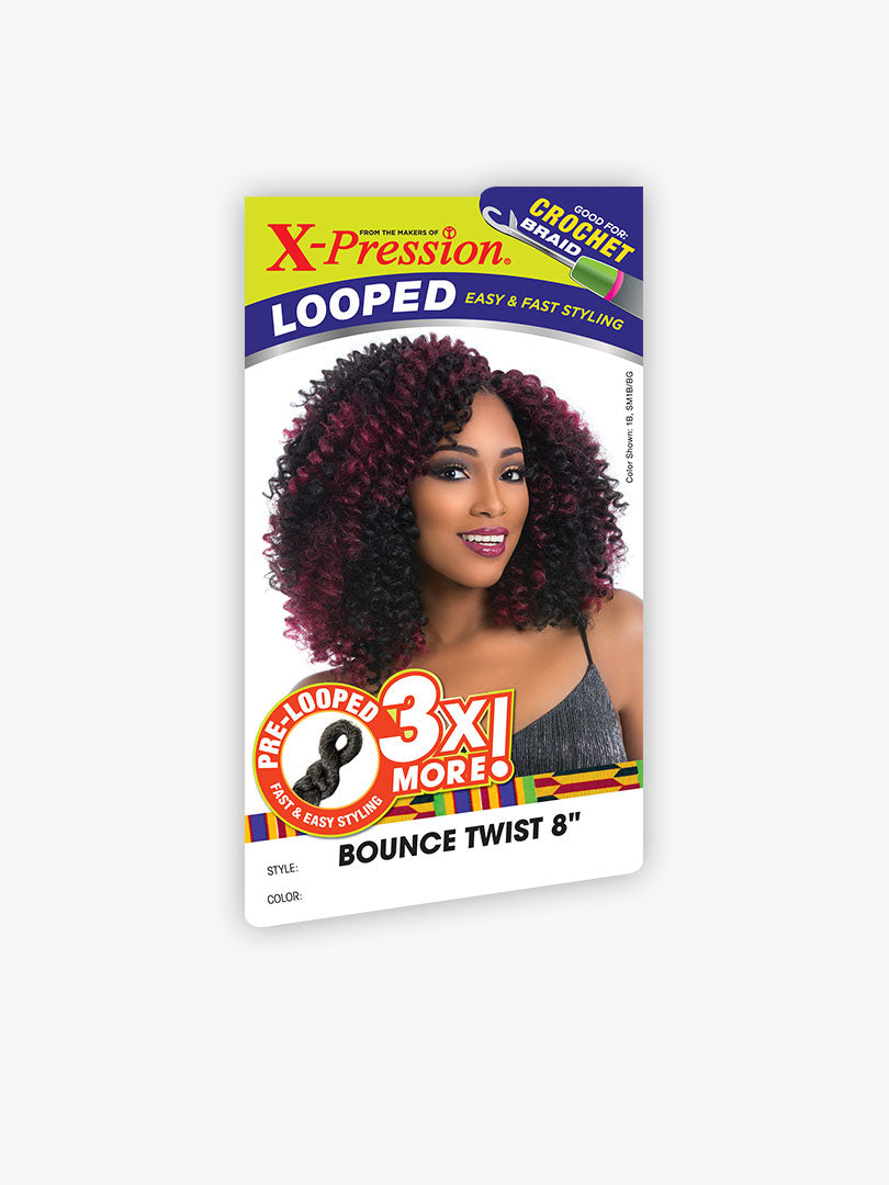 X-pression Bounce Twist 8" crochet hair packaging showing a woman with voluminous, short black & burgundy curls.