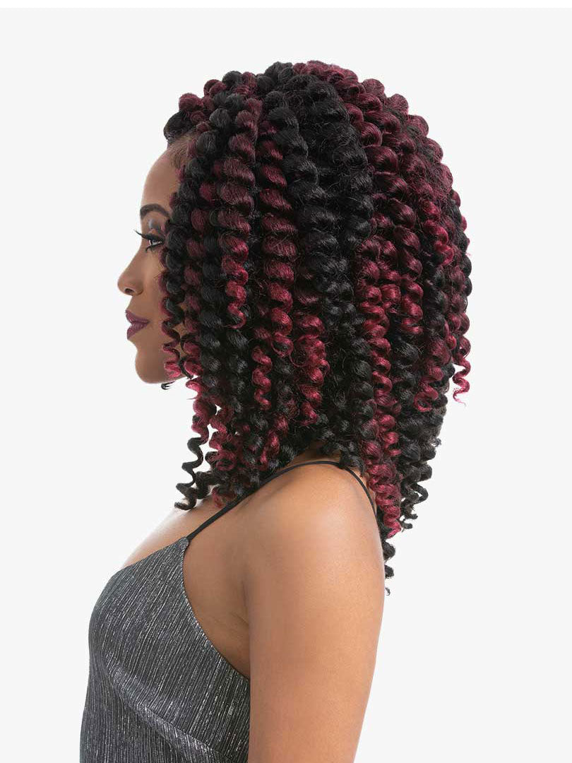 Woman wears X-pression Bounce Twist 8" crochet hair. Voluminous, short bob with black & burgundy spiraled twists.