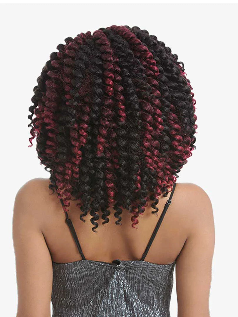 Person from behind wearing X-pression Bounce Twist 8" hair. It's a voluminous, short black and red twisted bob style.