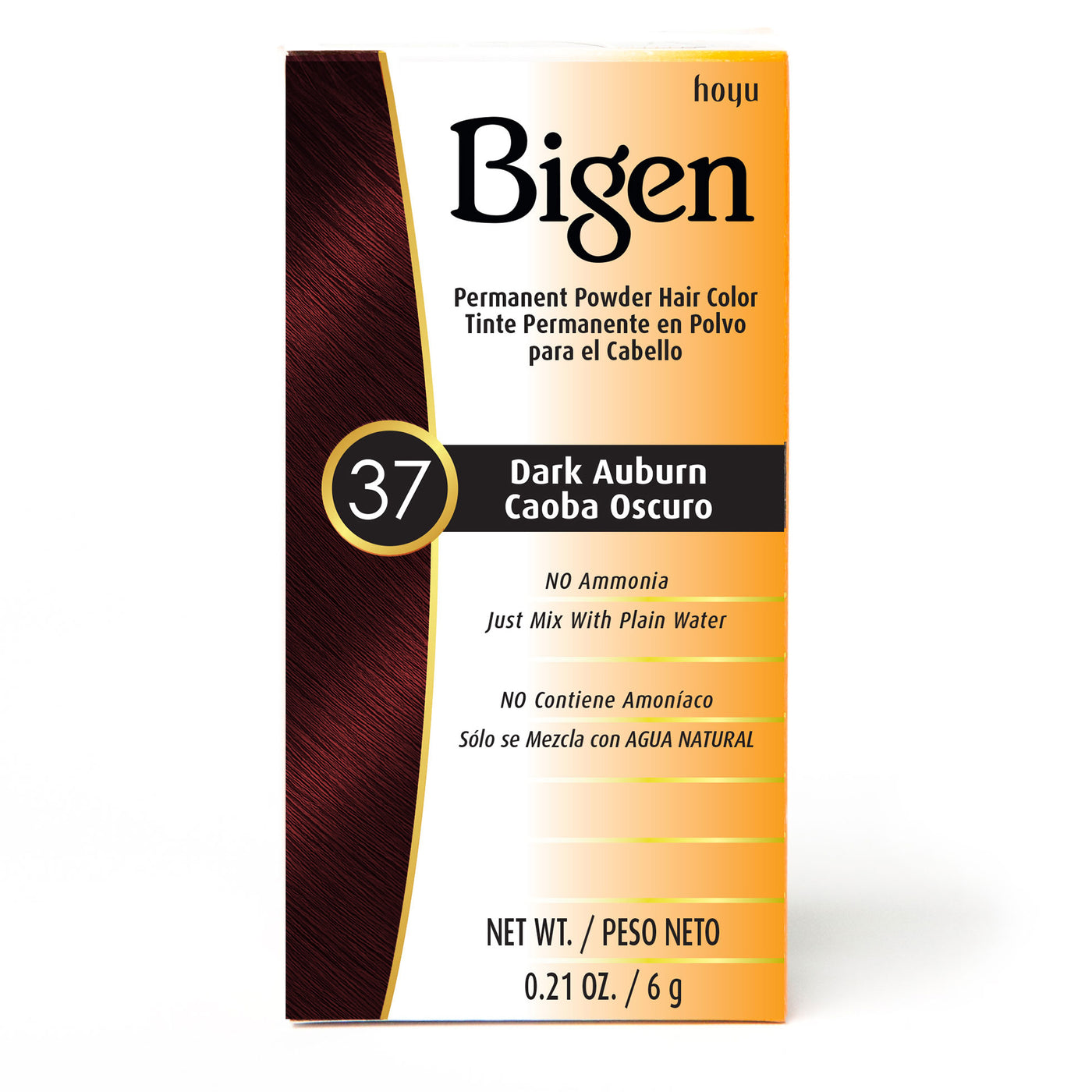 Bigen Permanent Powder Hair Color packaging for Dark Auburn. Features a glossy swatch of dark red-brown hair.