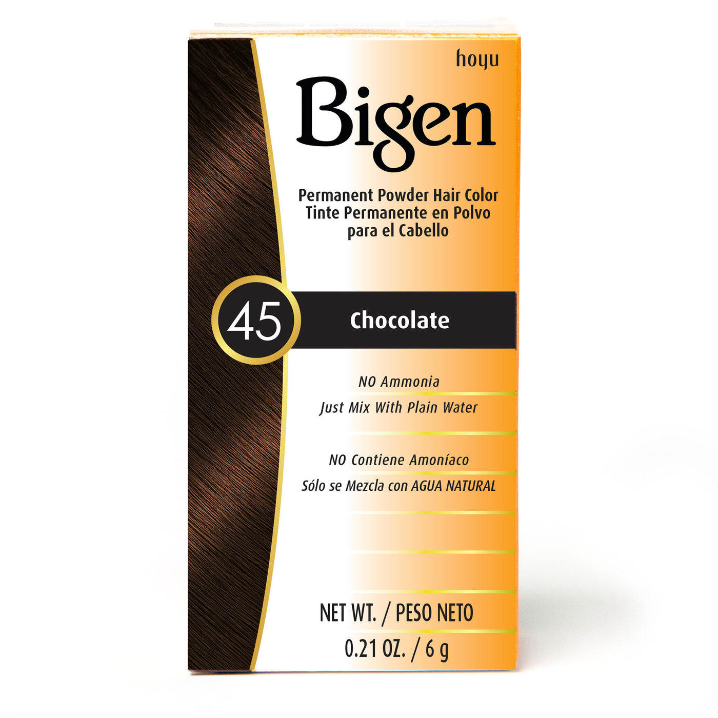 Bigen Permanent Powder Hair Color packaging, Chocolate shade 45, with a dark brown hair swatch. Text notes 'No Ammonia'.