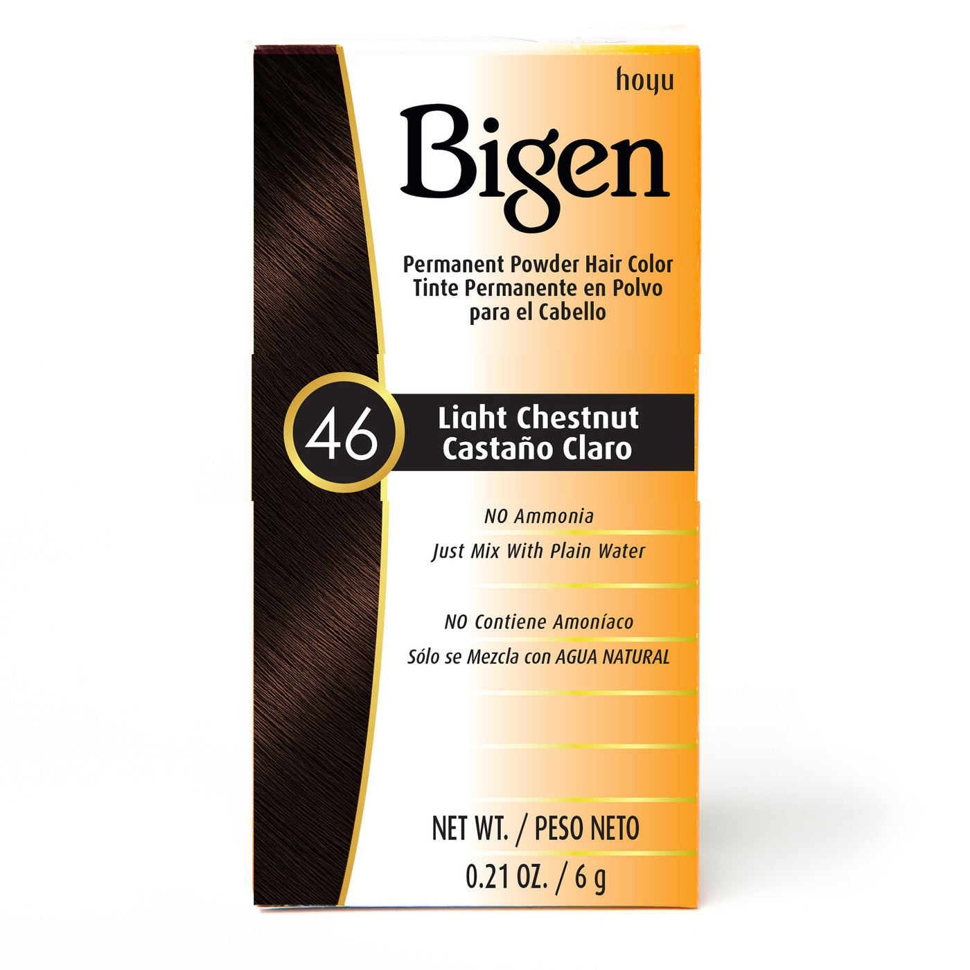 Bigen Permanent Powder Hair Color box, shade 46 Light Chestnut. White and orange packaging shows a dark brown hair swatch.