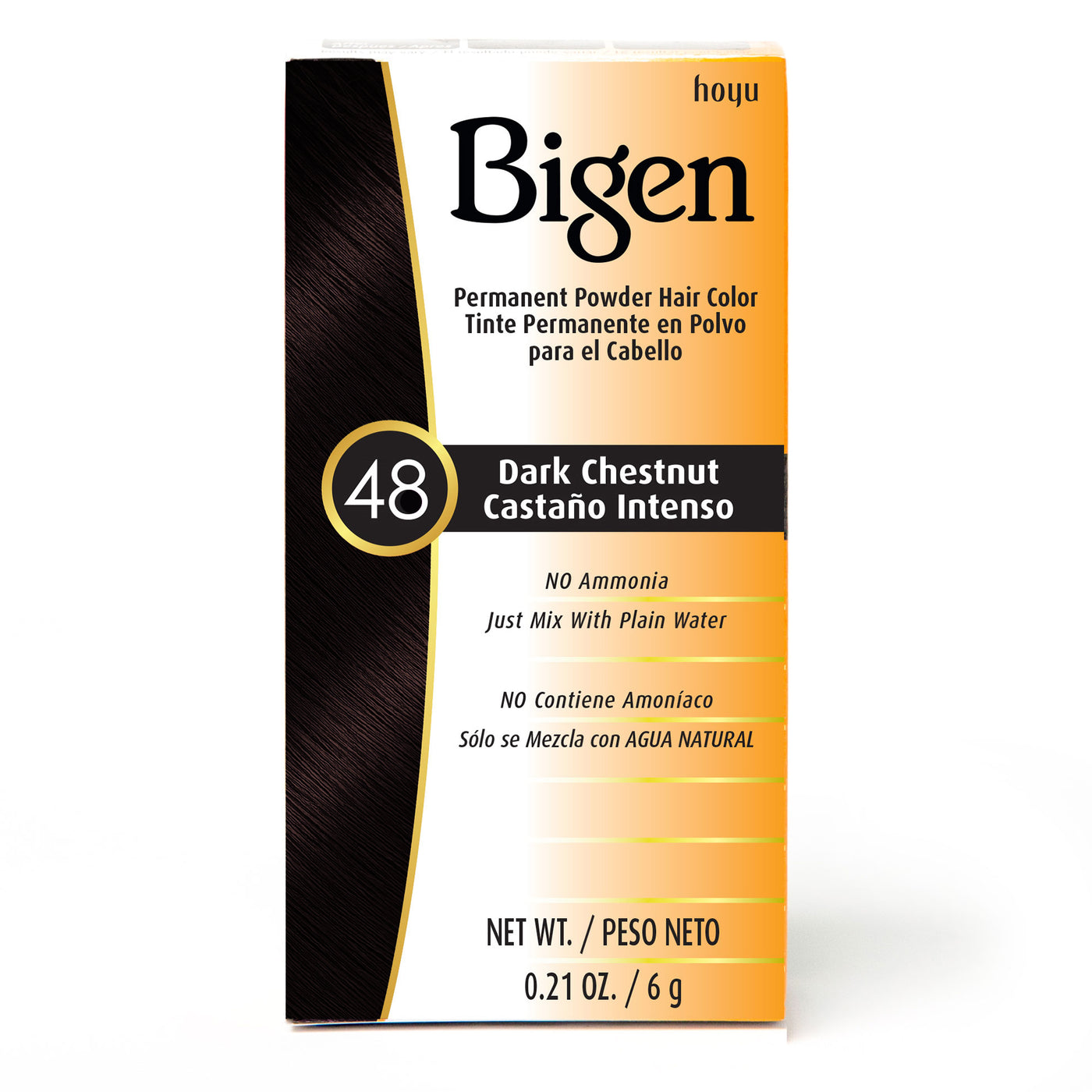 Bigen Permanent Powder Hair Color packaging in Dark Chestnut #48. Features a rich dark brown hair swatch.