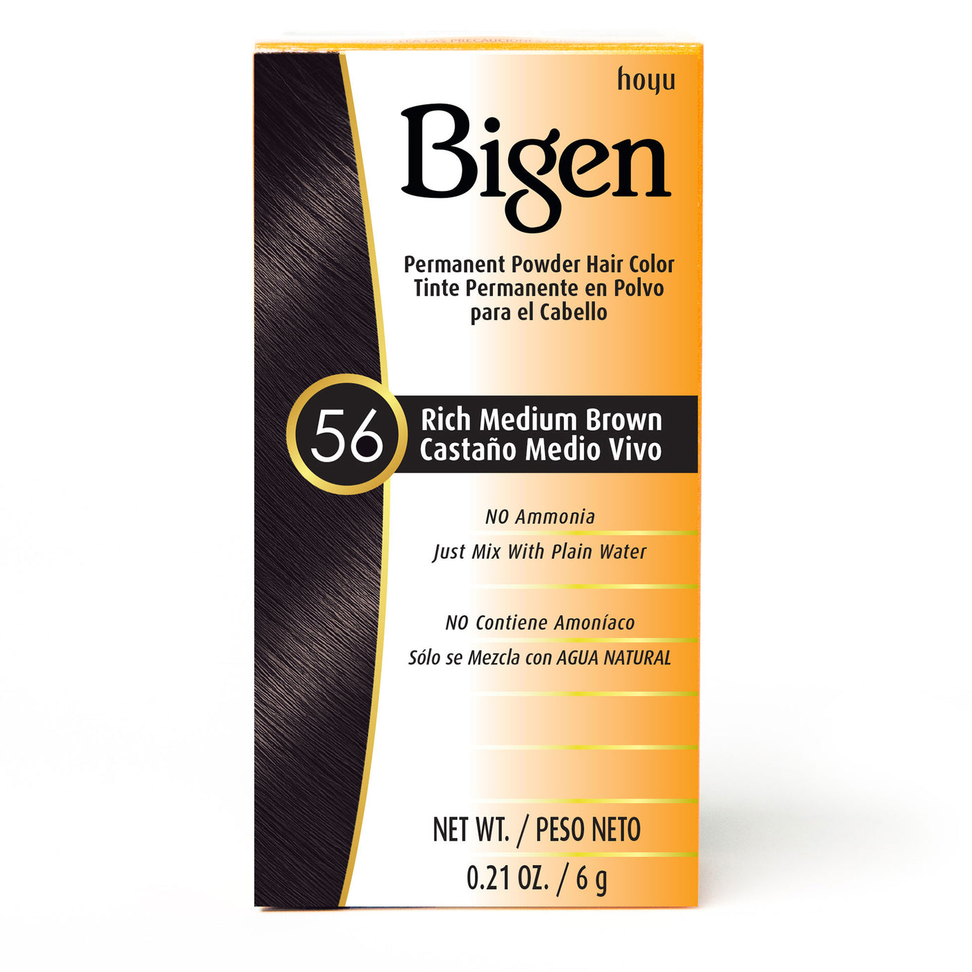 Product packaging for Bigen Permanent Powder Hair Color, shade 56 Rich Medium Brown, with a deep brown hair swatch.