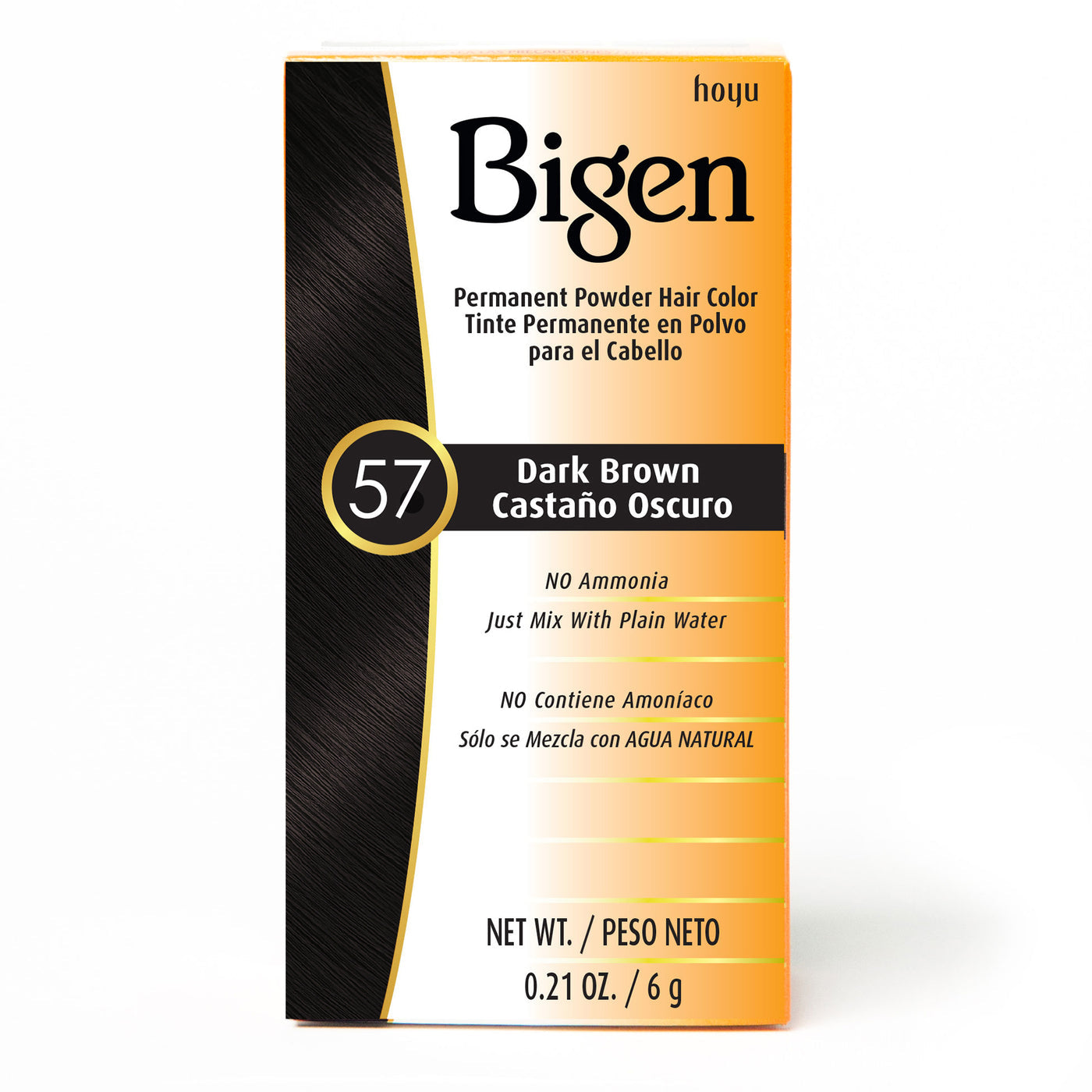 Bigen Permanent Powder Hair Color #57 Dark Brown packaging. An orange and white box features a dark brown hair swatch.