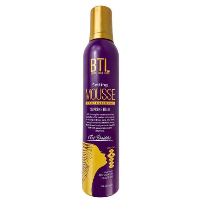 Purple BTL Setting Mousse Supreme Hold aerosol can with a gold cap, text, and silhouette of a braided head.