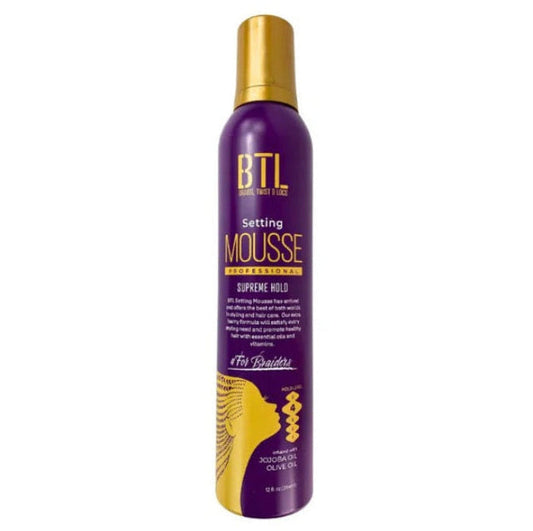 Purple BTL Setting Mousse Supreme Hold aerosol can with a gold cap, text, and silhouette of a braided head.