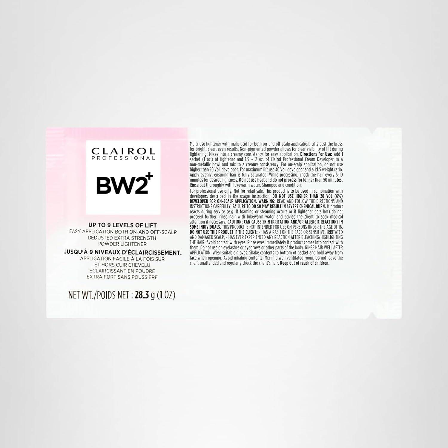 Clairol Professional BW2+ Dedusted Extra Strength Powder Lightener 1 oz packet, white and pink with text.