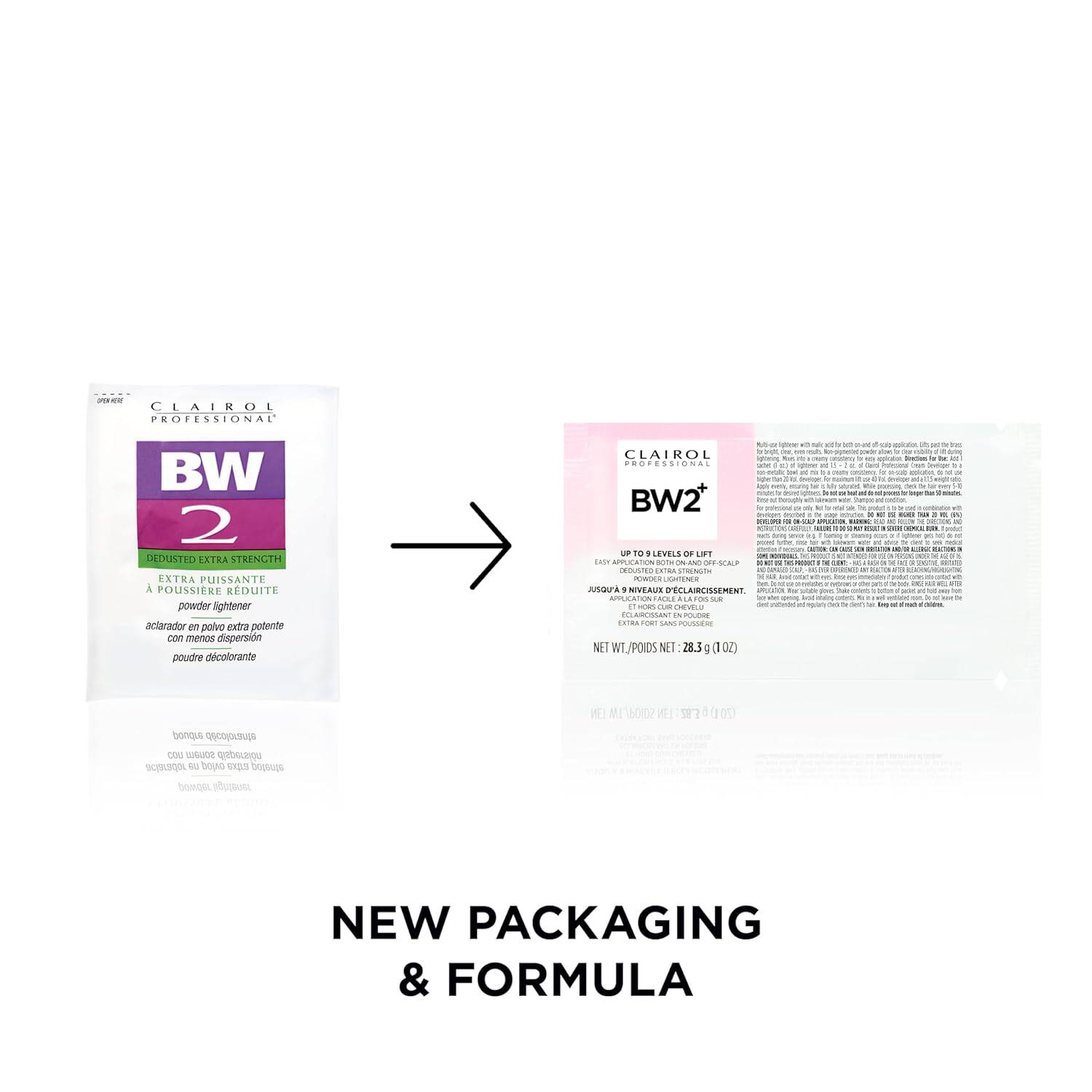 Clairol Professional BW2+ Dedusted Extra Strength Powder Lightener. New pink-accented packet replaces old purple-green pac...