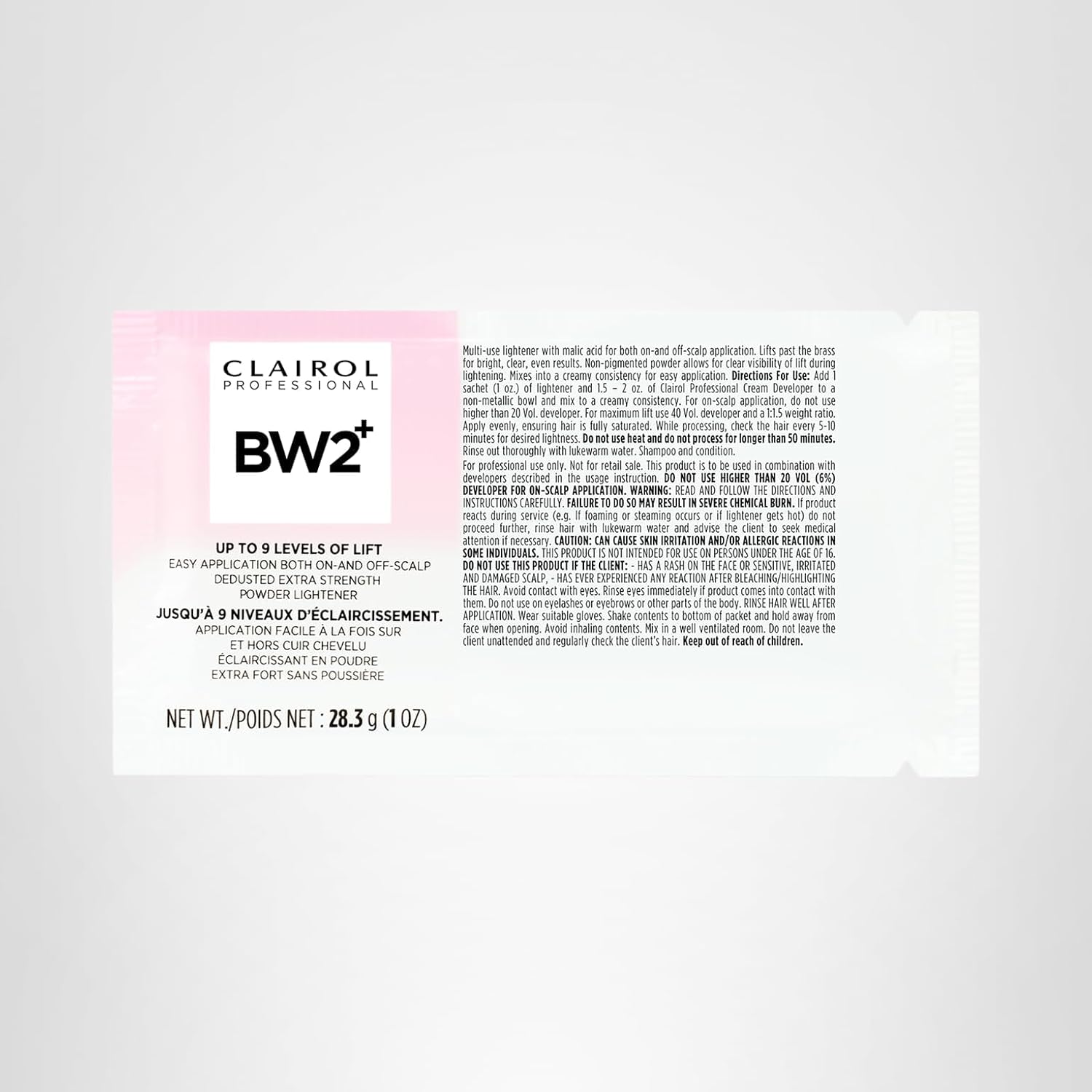 Clairol Professional BW2+ Dedusted Extra Strength Powder Lightener 1 oz packet. White and pink with text.