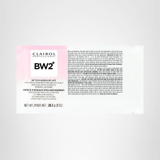 Clairol Professional BW2+ Dedusted Extra Strength Powder Lightener 1 oz packet. White and pink with text.