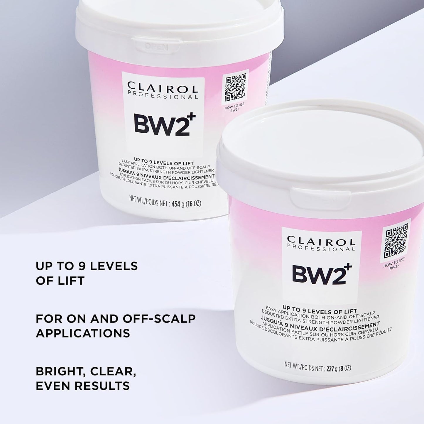 Two Clairol Professional BW2+ Dedusted Extra Strength Powder Lightener tubs. White 16oz and 8oz tubs with pink labels.