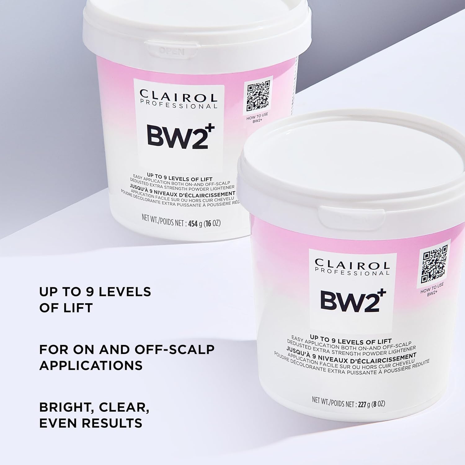 Two Clairol Professional BW2+ Dedusted Extra Strength Powder Lightener tubs. White 16oz and 8oz tubs with pink labels.