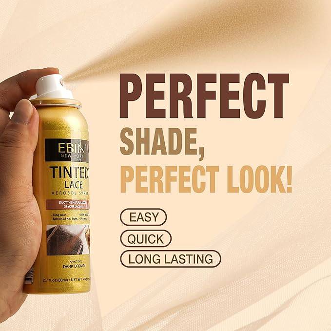 A hand holds EBIN Tinted Lace Spray, an aerosol can, which sprays a beige mist. The label shows a dark brown color swatch.