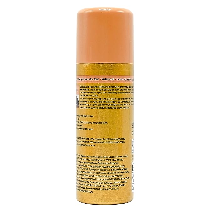 Packaging for EBIN Tinted Lace Spray - Medium Brown. A tall, golden spray can with a peach-orange cap, featuring legible p...