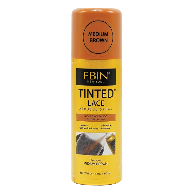 EBIN Tinted Lace Spray packaging. A yellow aerosol can with a medium brown cap and labels indicating "Medium Brown" tint.
