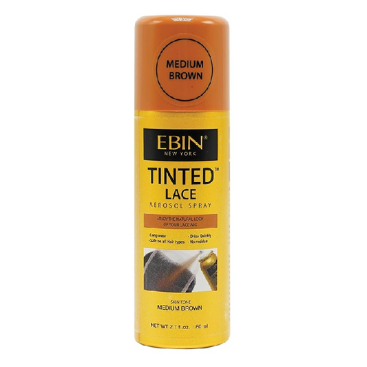 EBIN Tinted Lace Spray packaging. A yellow aerosol can with a medium brown cap and labels indicating "Medium Brown" tint.