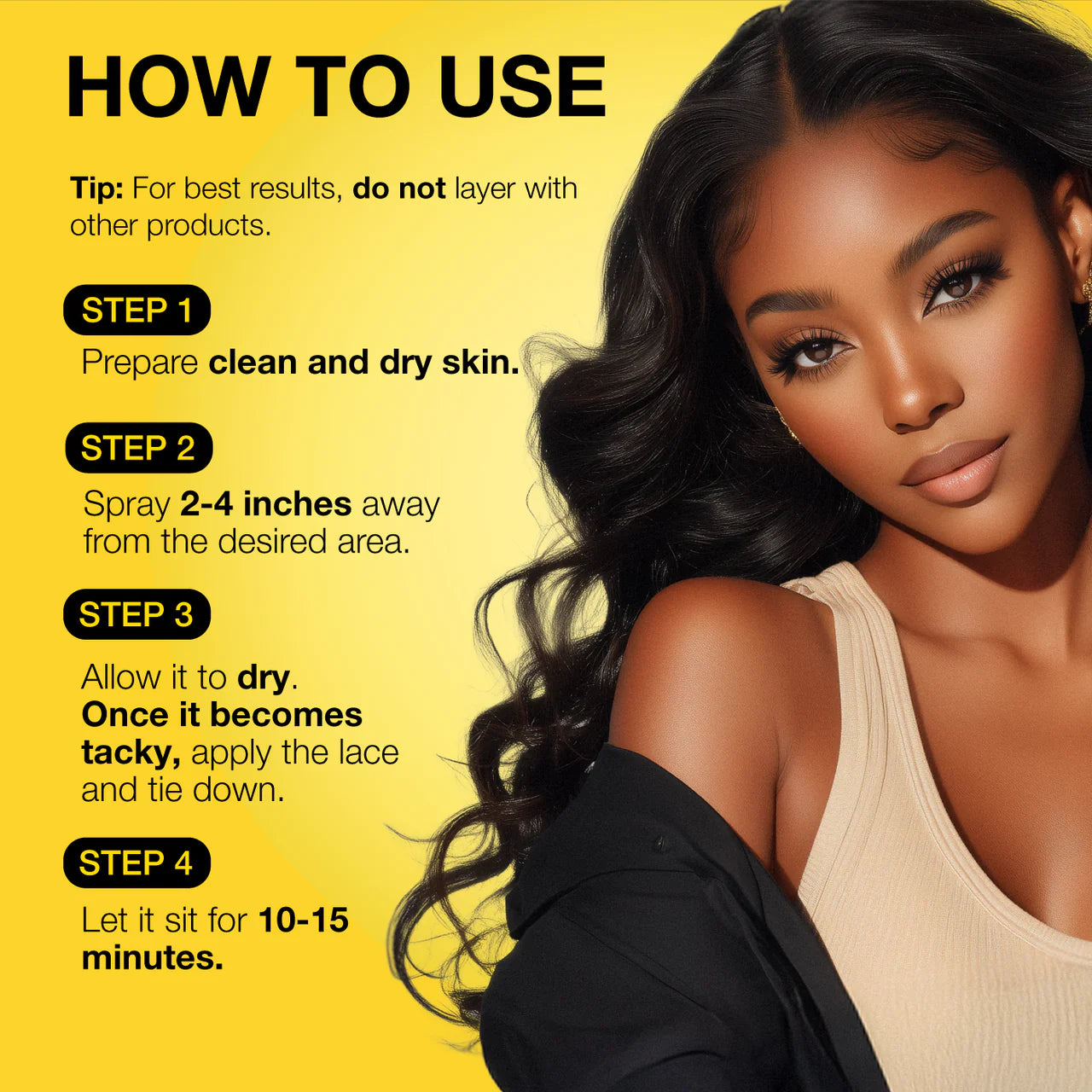 Woman with long, dark wavy hair and baby hairs displays instructions for EBIN Wonder Lace Bond Adhesive Spray.