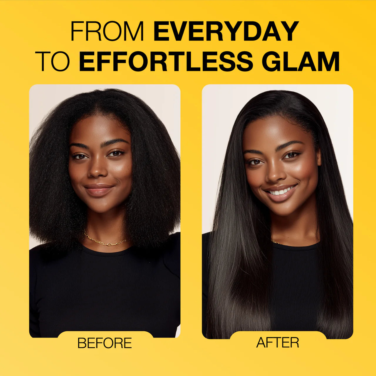 Before/After: Woman with voluminous, dark natural hair, then sleek, long straight hair styled with EBIN adhesive.