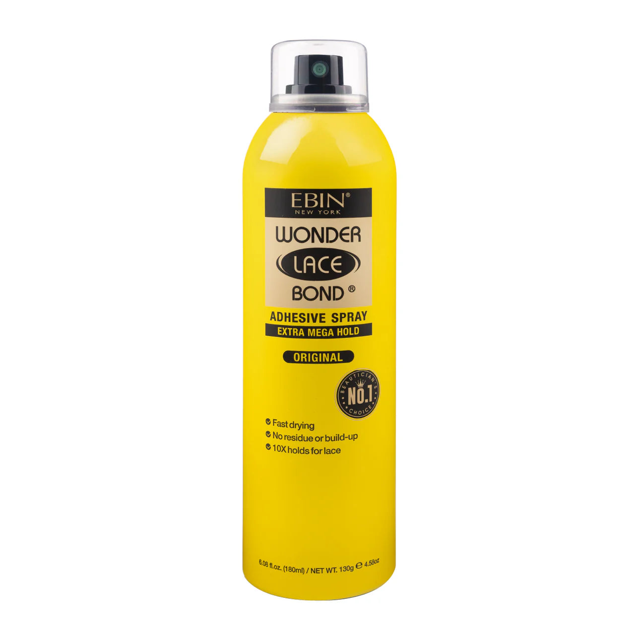 EBIN New York Wonder Lace Bond Adhesive Spray Original, Extra Mega Hold. Yellow aerosol can with clear cap.