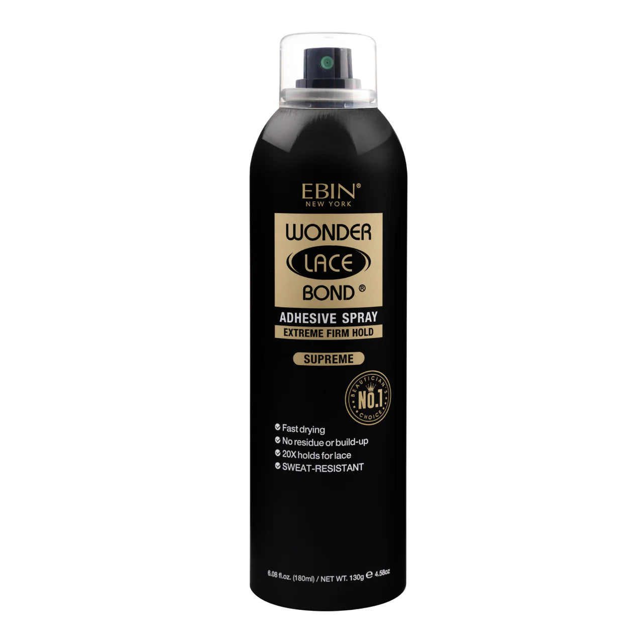 Product packaging for Ebin New York Wonder Lace Bond Adhesive Spray Supreme, a black aerosol can with white and gold text.