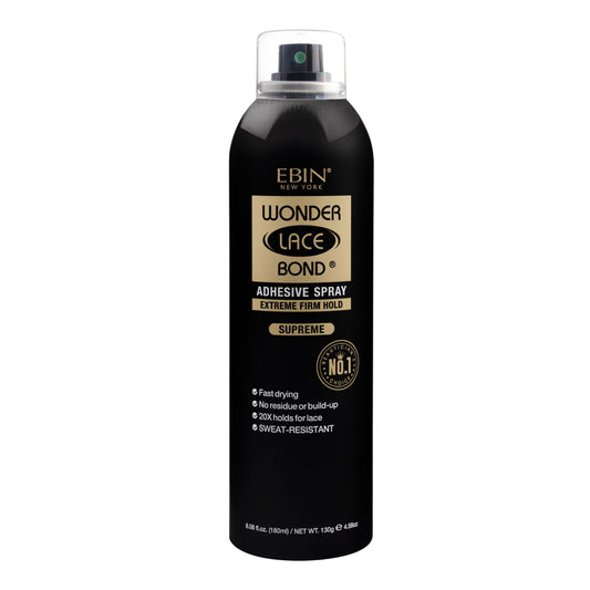 Product packaging for Ebin New York Wonder Lace Bond Adhesive Spray Supreme, a black aerosol can with white and gold text.