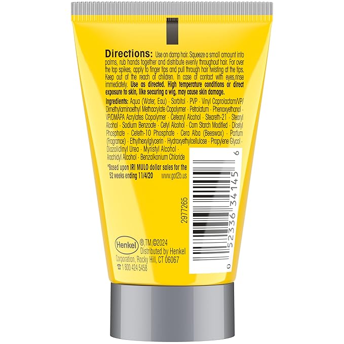 Product packaging: Back of yellow GOT2B GLUED STYLING SPIKING GEL tube with directions, ingredients, and barcode.