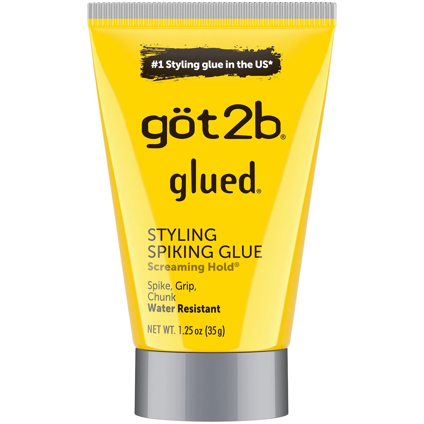 GOT2B Glued Styling Spiking Gel 1.25oz product packaging. Bright yellow tube with a silver base, black text, and branding.