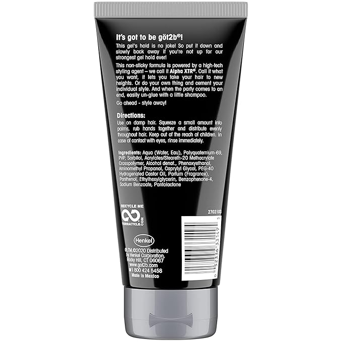 Back of a black tube of GOT2B STYLING GEL 6 OZ packaging, with white text listing directions and ingredients.