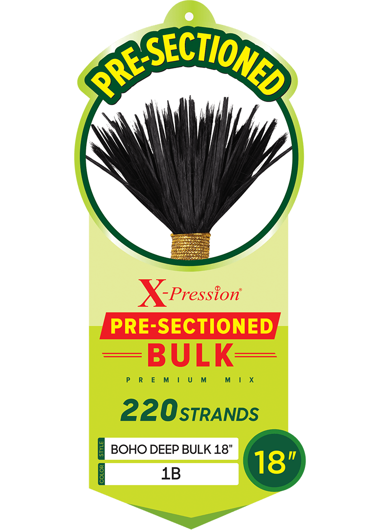 X-Pression Pre-Sectioned Boho Deep Bulk 18" hair packaging, color 1B. Features black, straight strands fanned out, tied wi...