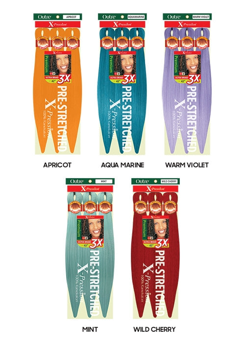 X-Pression Pre-Stretched Braid 3X packaging for Wild Cherry deep red braiding hair, with a smiling woman.
