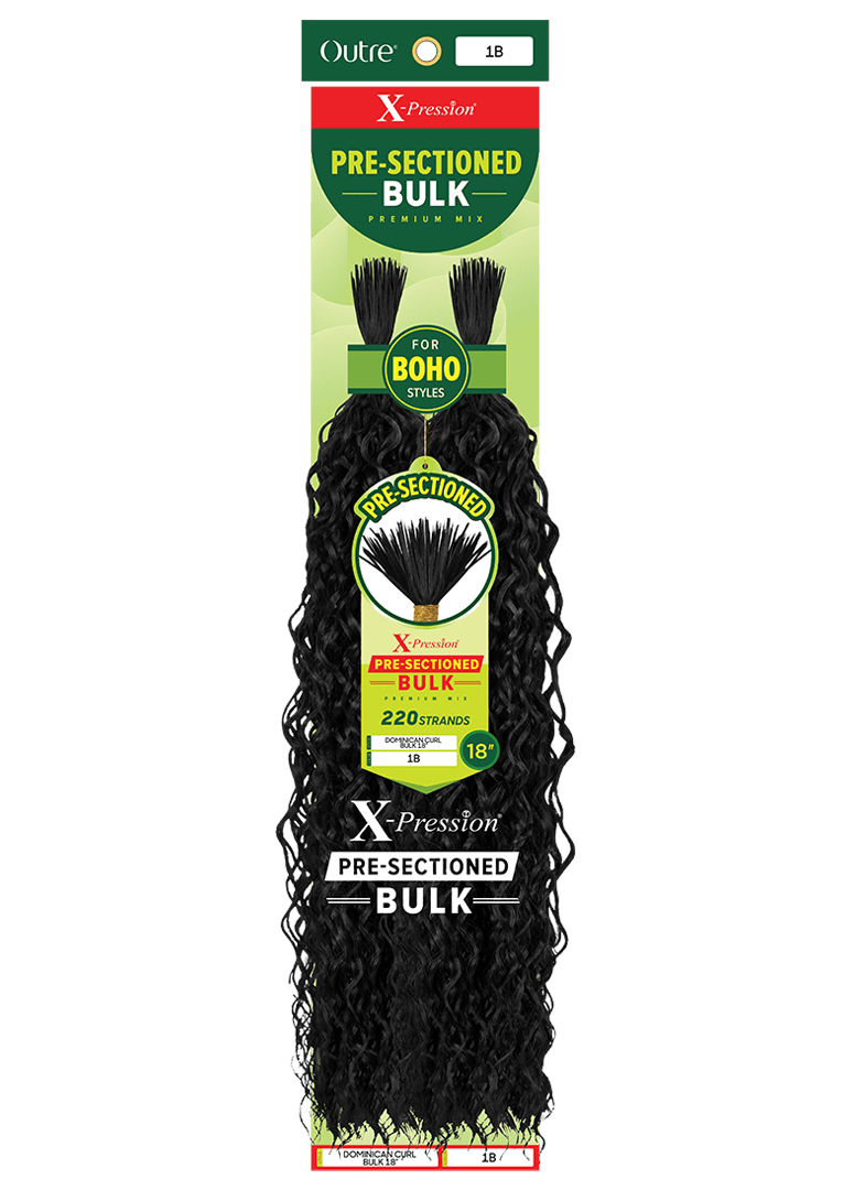 Packaging for X-PRESSION PRE-SECTIONED DOMINICAN CURL BULK 18. Shows black, curly hair extensions, color 1B.