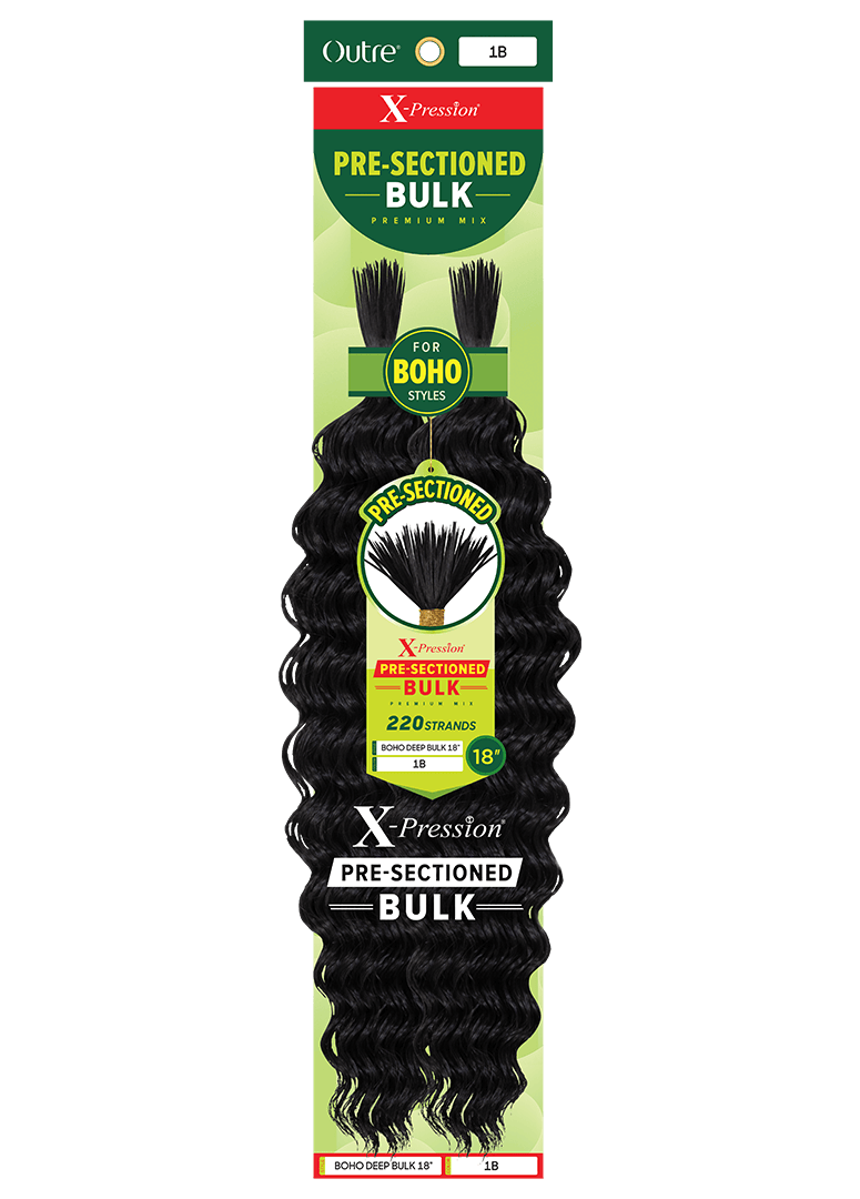 Packaging for X-Pression Pre-Sectioned Boho Deep Bulk 18, featuring long, wavy black hair (color 1B).