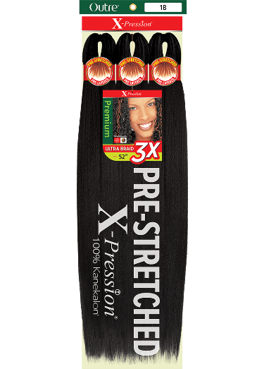 Product packaging for X-Pression Pre-Stretched Braid 52" 3X, black hair, with a smiling woman and "Premium" details.