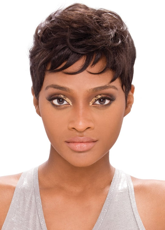 Woman modeling HH TARA 1-2-3 hair. She has a short, dark brown wavy pixie cut with volume on top.