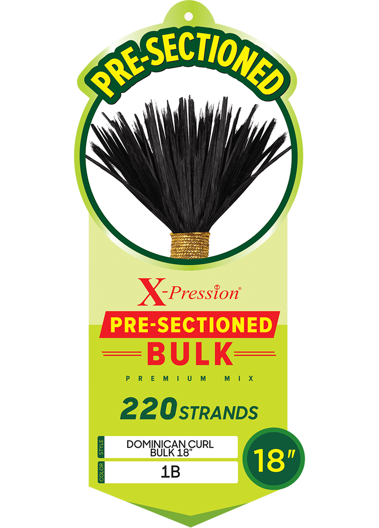 X-PRESSION PRE-SECTIONED DOMINICAN CURL BULK 18 packaging. Displays fanned black 1B hair, 18-inch, 220 strands.