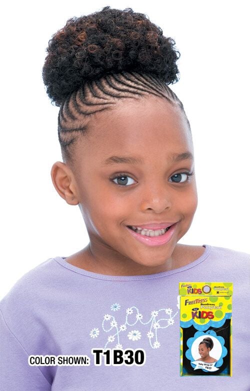 Smiling girl with cornrows and a high, curly T1B30 For Kids Drawstring Ponytail Yaky Wrap 9".