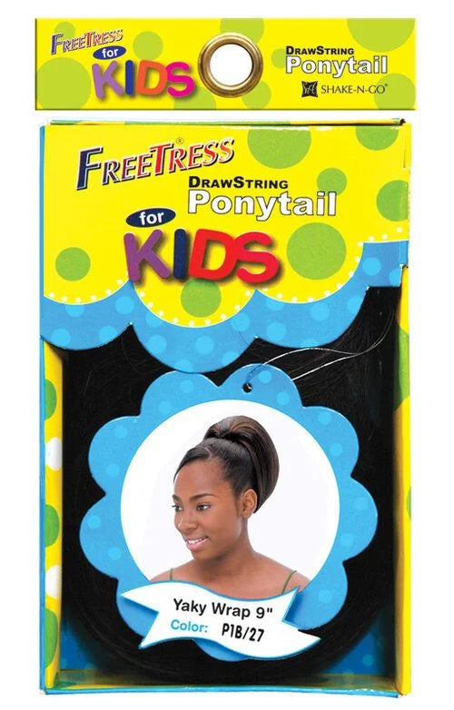 Freetress for Kids Drawstring Ponytail packaging shows a girl with a P1B/27 Yaky Wrap 9" ponytail. Dark hair visible inside.