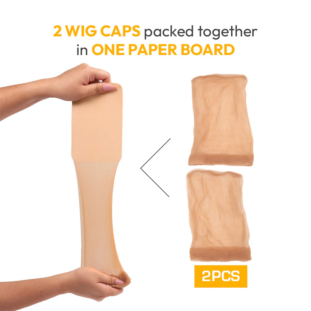 A pair of hands stretches a nude Red by KISS HD Invisible Wig Cap. Two individual nude caps are displayed, a 2 Pcs pack.