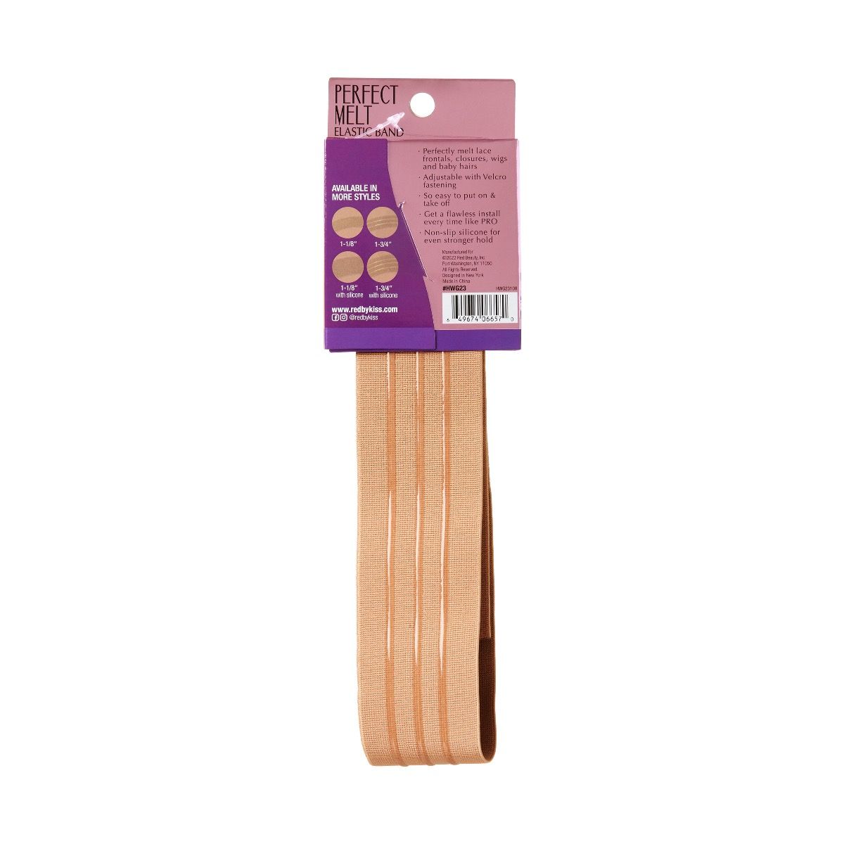 Product packaging for Red by Kiss Perfect Melt Elastic Wigband. Shows a wide dark beige band with vertical silicone strips.