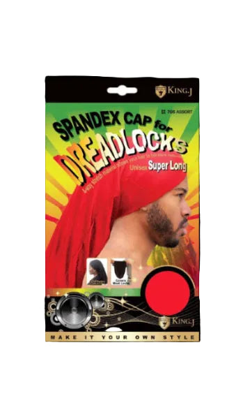 Packaging for Spandex Cap For Dreadlocks - Super Long. Shows a man with a beard wearing a long, red spandex cap and a red ...