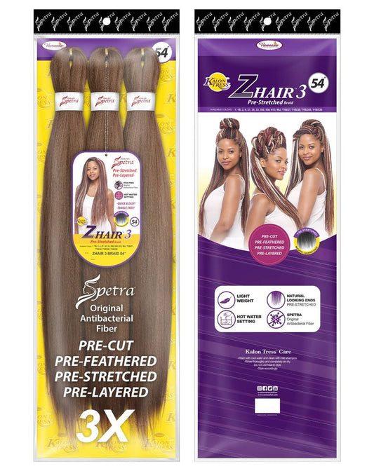 Front and back of Z Hair 3 Pre-Stretched Braid packaging. Shows 3X light brown hair bundles & models with braids.