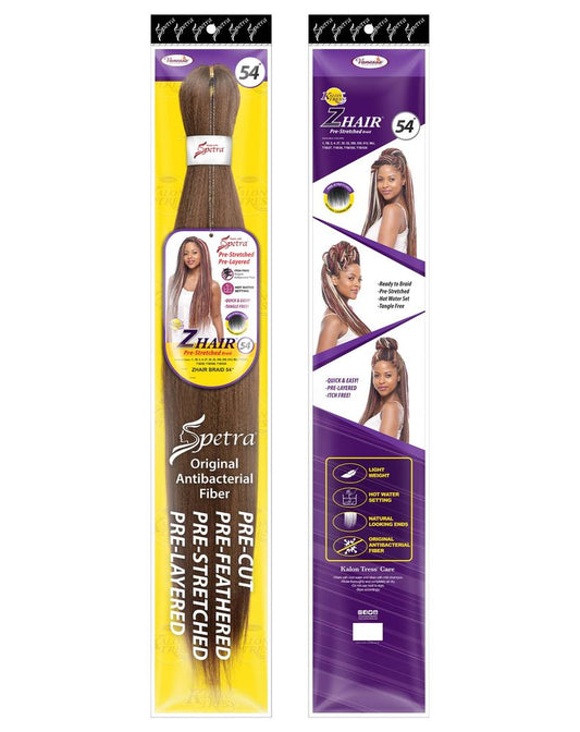 Two ZHAIR Pre-Stretched Synthetic Braiding Hair packages. One shows #54 brown hair, the other features models with braids.