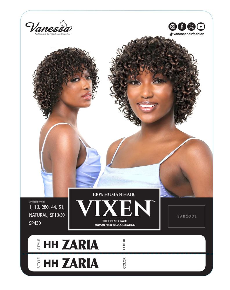 Model wears the HH ZARIA wig. It's a short, curly, dark brown bob with lighter highlights and bangs.