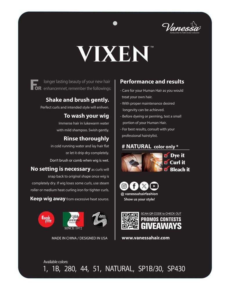 Black Vixen packaging for Human Wigs HH ZARIA, showing care instructions, product details, and small hair styling photos.