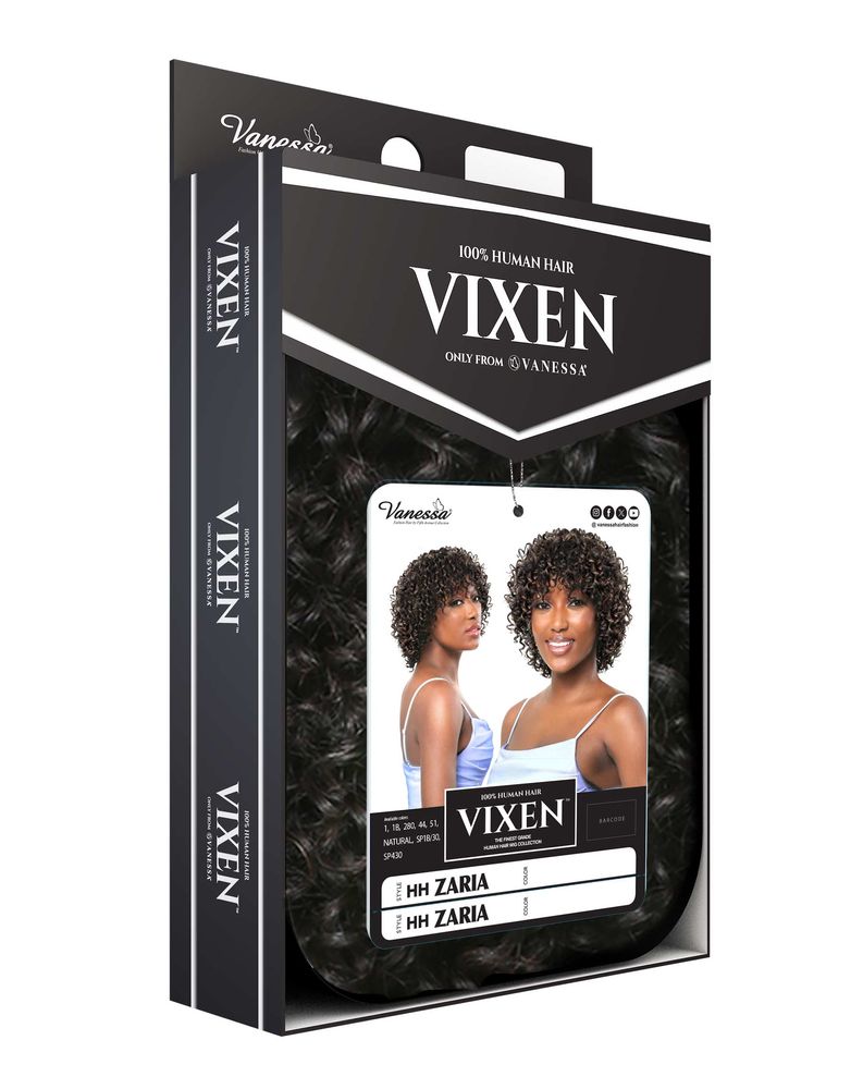 Packaging for Human Wigs HH ZARIA, Vixen brand. Features models with short, dark, curly human hair.