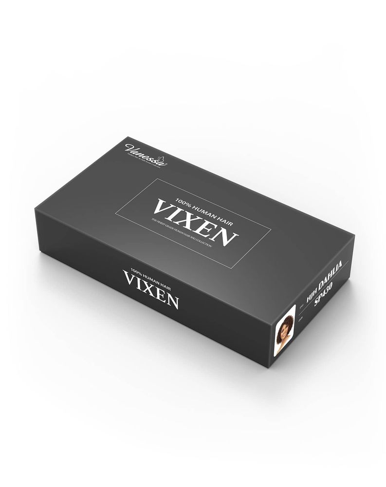 Human Wigs HJH DAHLIA packaging: black box with Vixen branding, showing a woman in a short, reddish-brown curly wig.