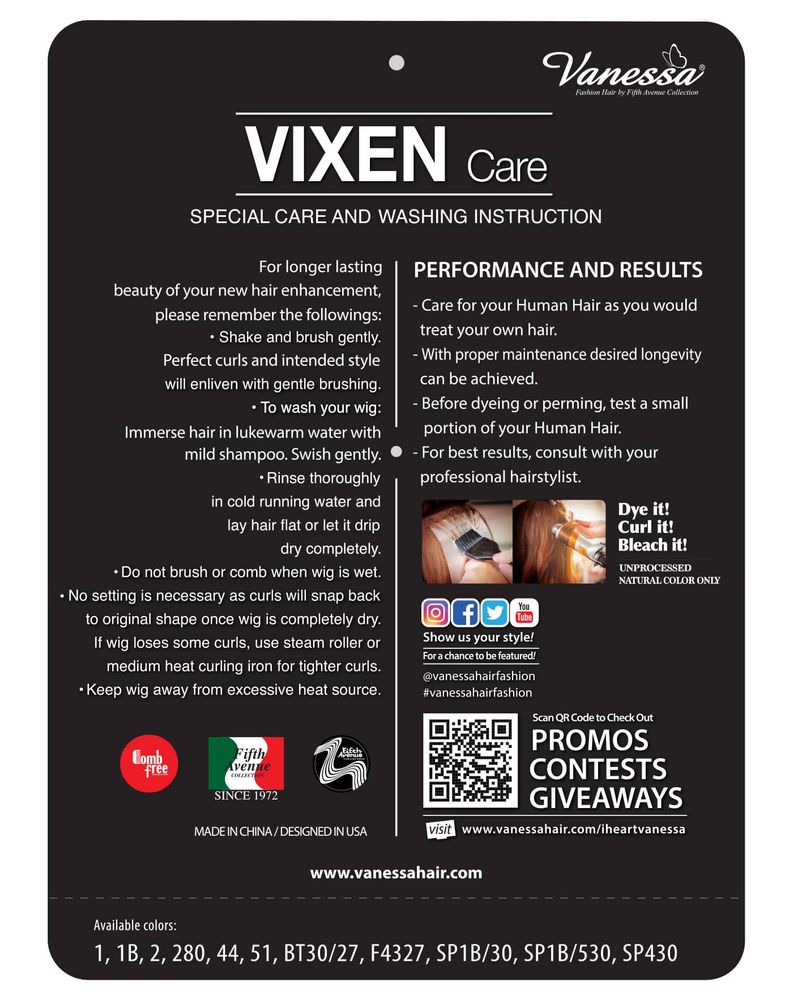Human Wigs HJH DOVA care instructions label (VIXEN Care) detailing washing, styling tips, and color options.