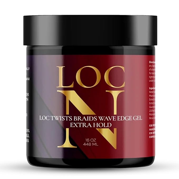 Black jar of LOC N TWISTS BRAIDS N WAVE Edge Gel Extra Hold, with a dark red and gold label, 16 oz.